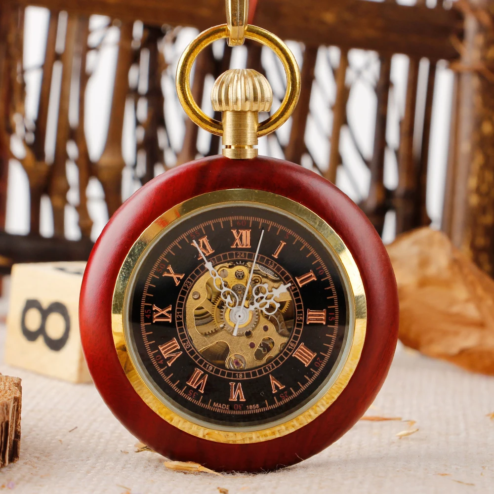 Fashion Retro Red Wood Mechanical Pocket Watch Men's Ladies Elegant Exquisite Antique Necklace Hand Wind Watch with Chain Gifts