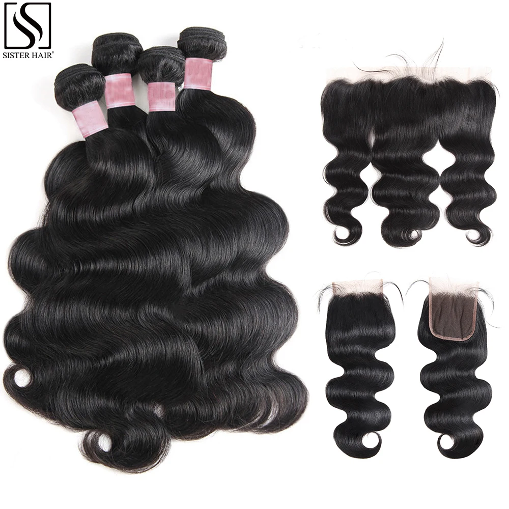 

SISTER 30 32 40 Inch Body Wave 4 Bundles With Frontal Human Hair Weave 13x4 Lace Closure Frontal and Bundle Remy Hair Extension