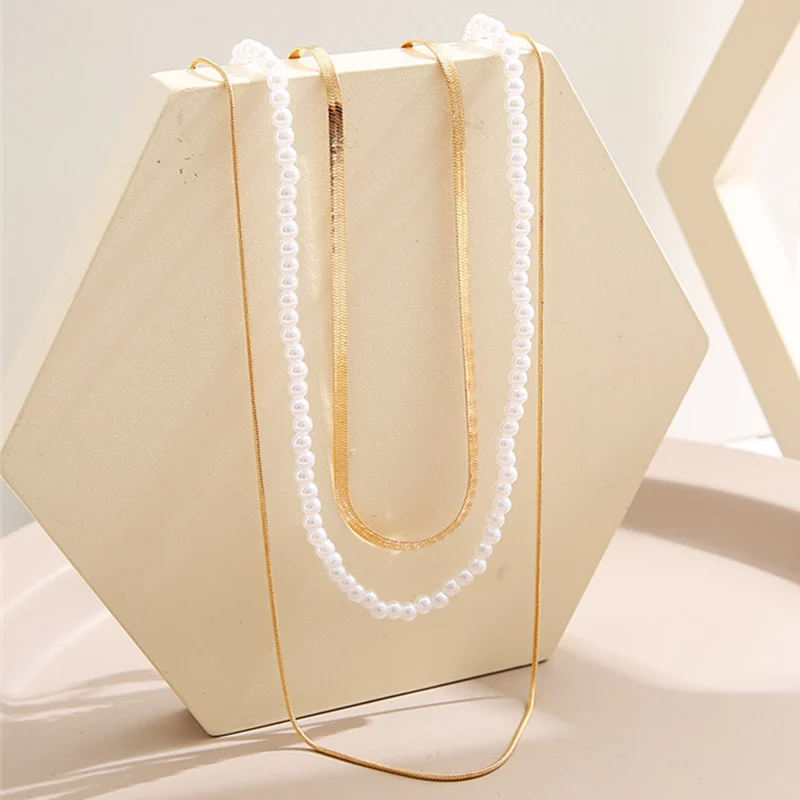 2022 New Creative Temperament Fashion Simple Geometric Snake Chain Pearl String Three Layer Long Necklace Women's Jewelry