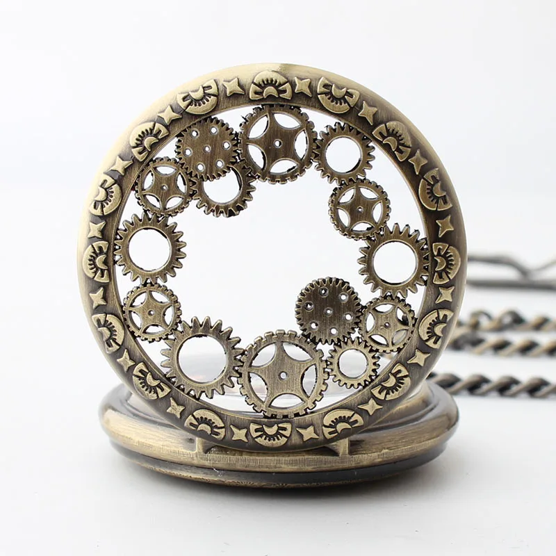 Bronze Retro Skeleton Gear Pocket Watches Personalised Mechanical For Men Women Circle Analog Design Hand Wind Fob Watch