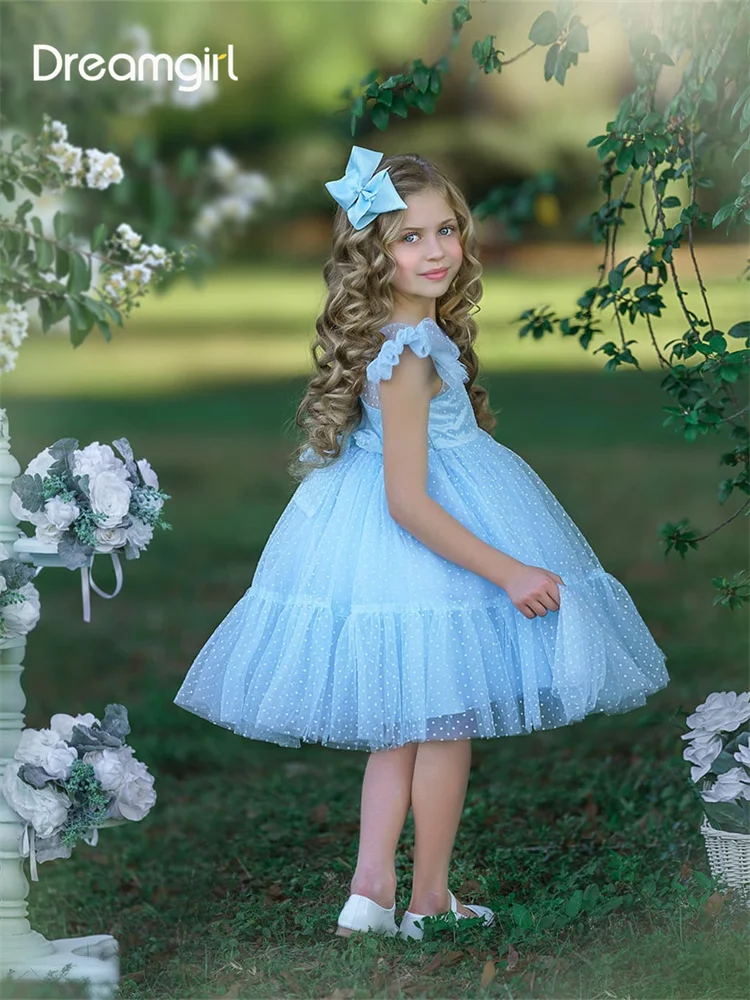 

Tulle Polka Dot Puffy Ball Gown Flower Girl Dress Tea Length First Communion Dress Kids Birthday Party Dresses
