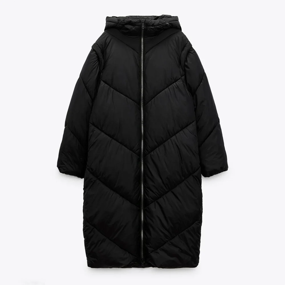 

PB&ZA 2022 Winter New Women's Clothing Commuter Warm Detachable Sleeves Black Hooded Cotton Coat Coat 8073244