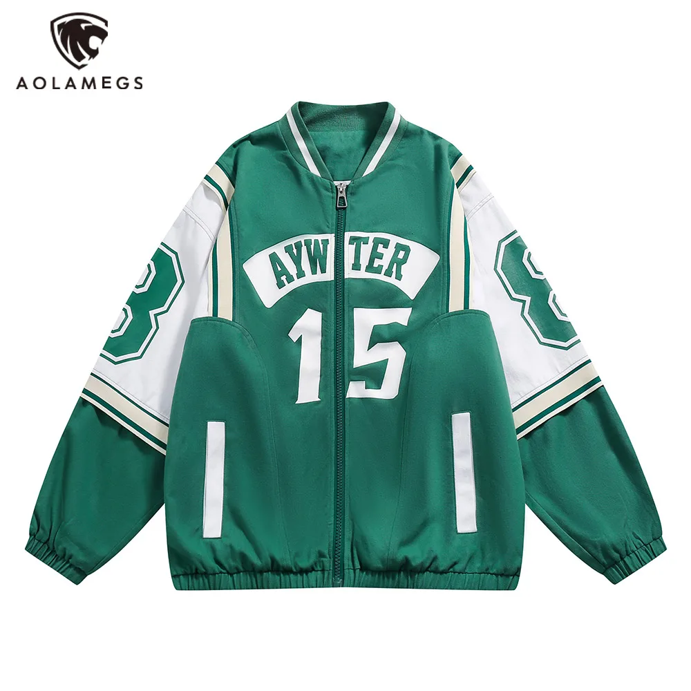 

Streetwear Men Jacket Harajuku White Green Splicing Baseball Uniform Casual Hip Hop Zipper Jacket Fashion High Street Coats Tops