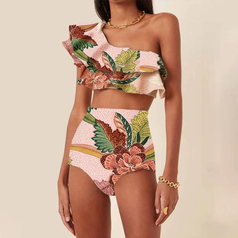 

Pink One Shoulder Ruffle Swimsuit Print Two Piece High Waist Bikini Backless Slim Fit Sexy Beachwear 2022 Fashion Ladies Summer