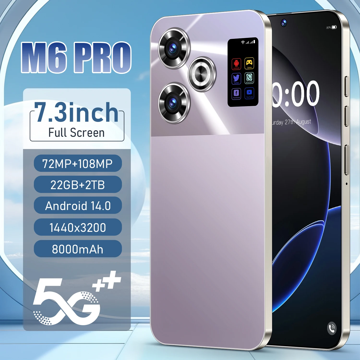Смартфон M6 Pro 7,3 дюйма 22 ГБ оперативной памяти 2048 ГБ ROM 108MP ...