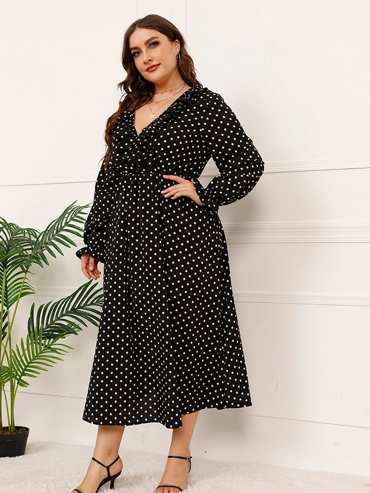 Women'S Plus Size Dress Clothing Spring Summer 2022 White Dot V Neck Long Sleeve Elegant Fashion Long Dresses Of Large Sizes