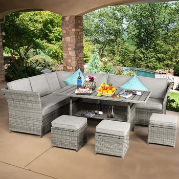 Breezestival Patio Furniture Set-7 Pieces Patio Dining Set Sectional Sofa with Loveseat, Ottomans and Table, All Weather Dec