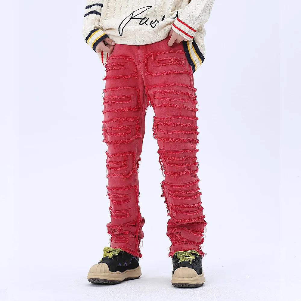 Retro Hole Y2k Distressed Jeans for Men Straight Washed Harajuku Hip Hop Loose Denim Trousers Vibe Style Casual Pants Purple