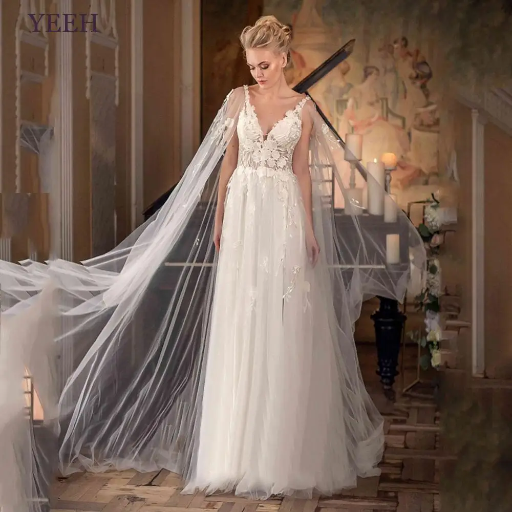 

YEEH Boho Appliques Wedding Dress With Mantilla Modest V-Neck Illusion Sleeveless Tulle Bridal Gown Sweep Train Vestido De Novia