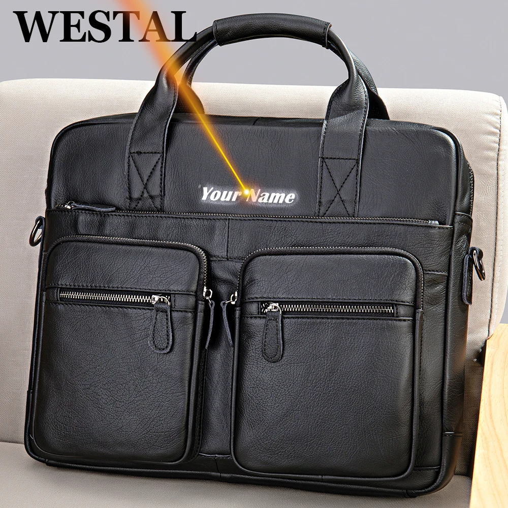 WESTAL Men's 15.6'' Laptop Bag Men Leather Briefcases Computer Bags for Document A4 Sheet Totes Messenger Bags Man New 7412