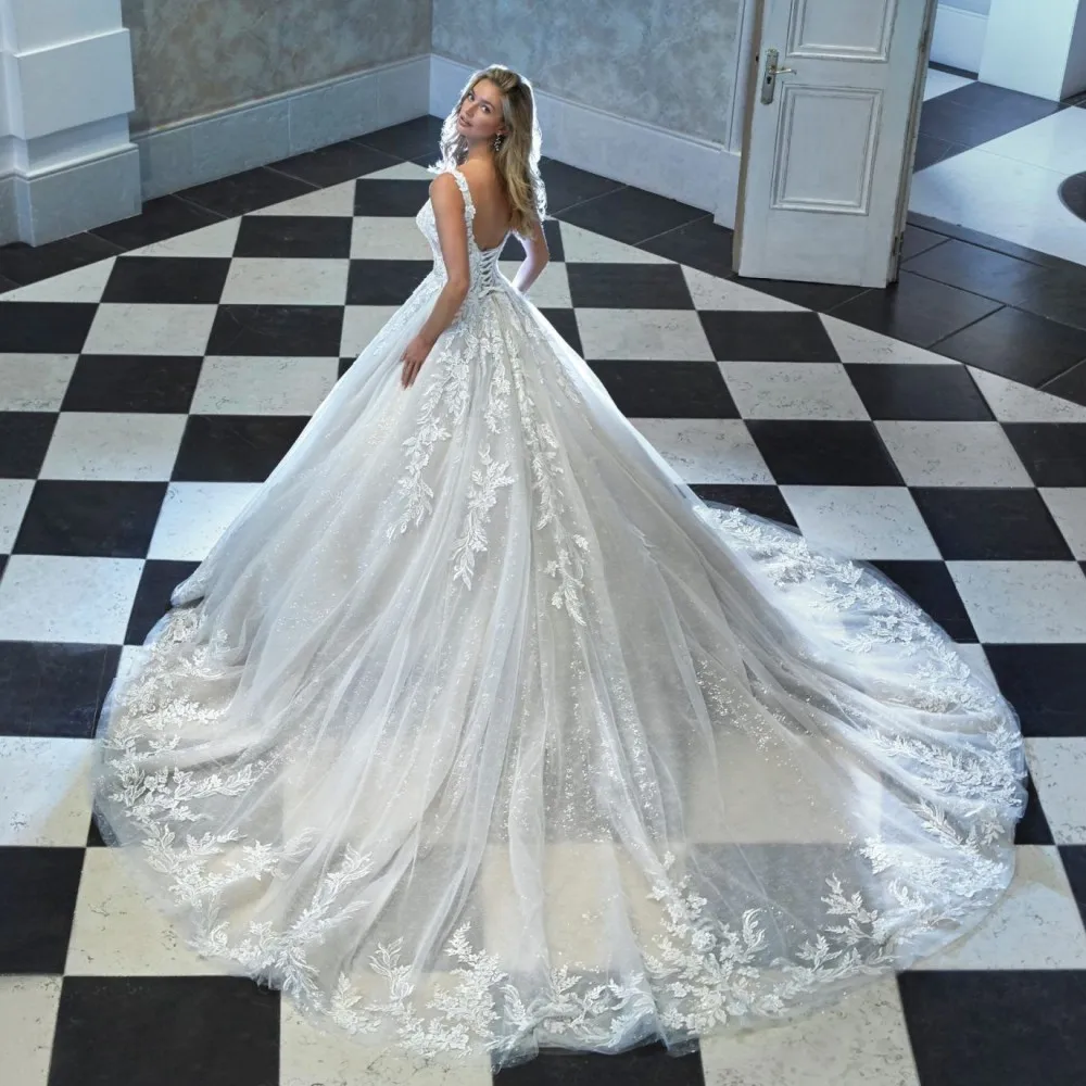 

Luxury Princess Ball Gown Wedding Dress 3D Lace Applique Flower Spaghetti Straps Lace-up Back Custom Made 2023 Vestido De Noiva