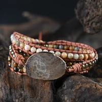 exclusive womens bracelets high end natural stone rhinestone 3 rows leather wrap bracelet femme boho bracelets dropship