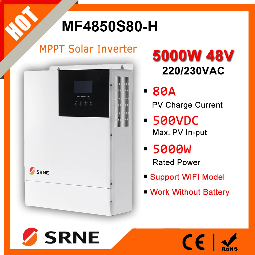 

SRNE 5KW Hybrid Solar Inverter Pure Sine Wave MPPT 80A Solar Charge Controller 48V 220V 50Hz/60Hz Off Grid Inverter With Wifi