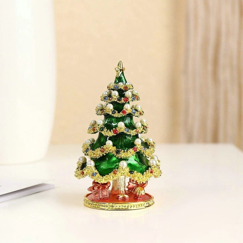 

Christmas Tree Trinket Box Jewelry Organizer Hand Painted Enameled Vintage Decorative Hinged Jewelry Trinket Box Xmas Gift