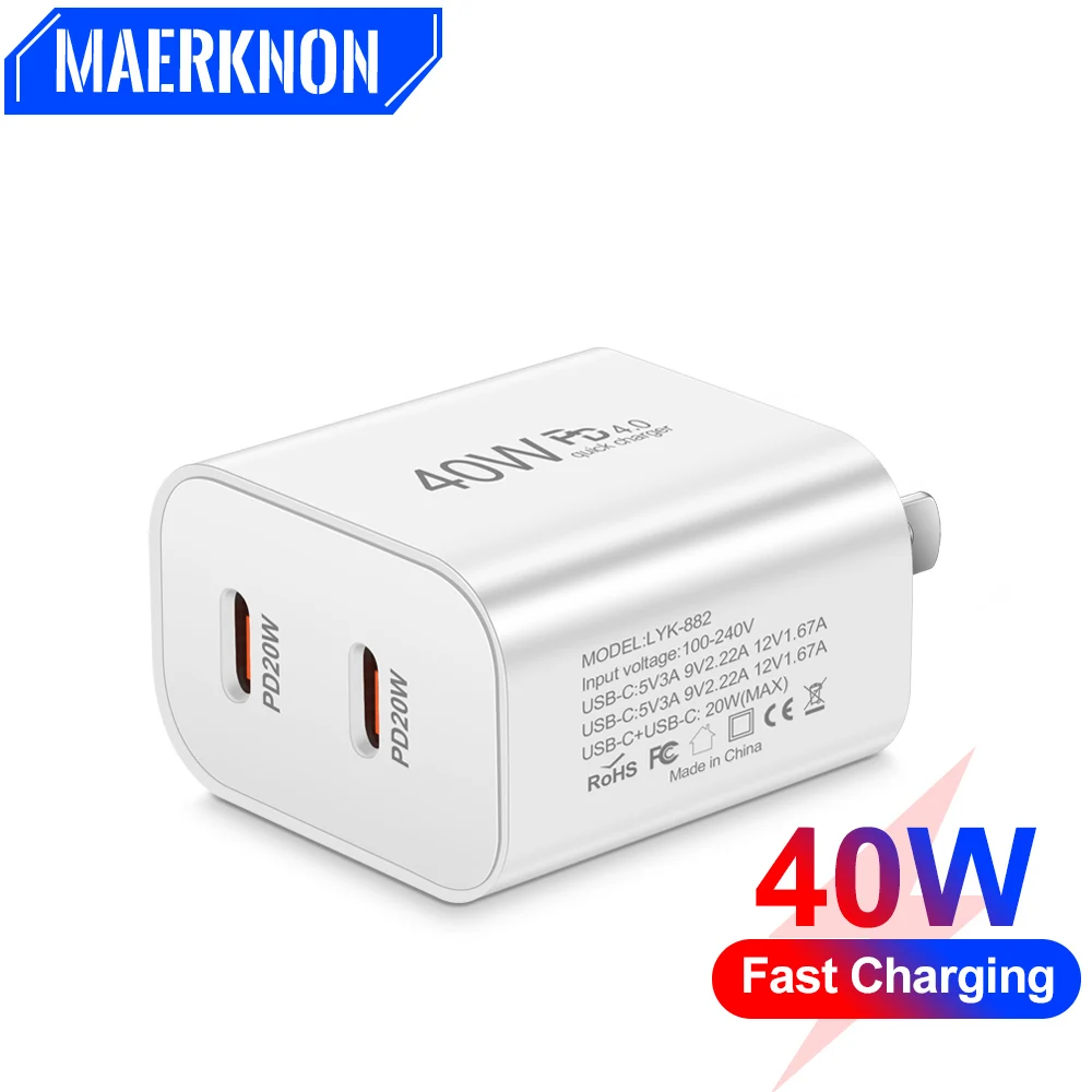 

40W Fast Charger USB C Charger 20W PD Dual Ports Type C Wall Phone Charger Adapter For iPhone 15 14 13 Pro Samsung Xiaomi Redmi