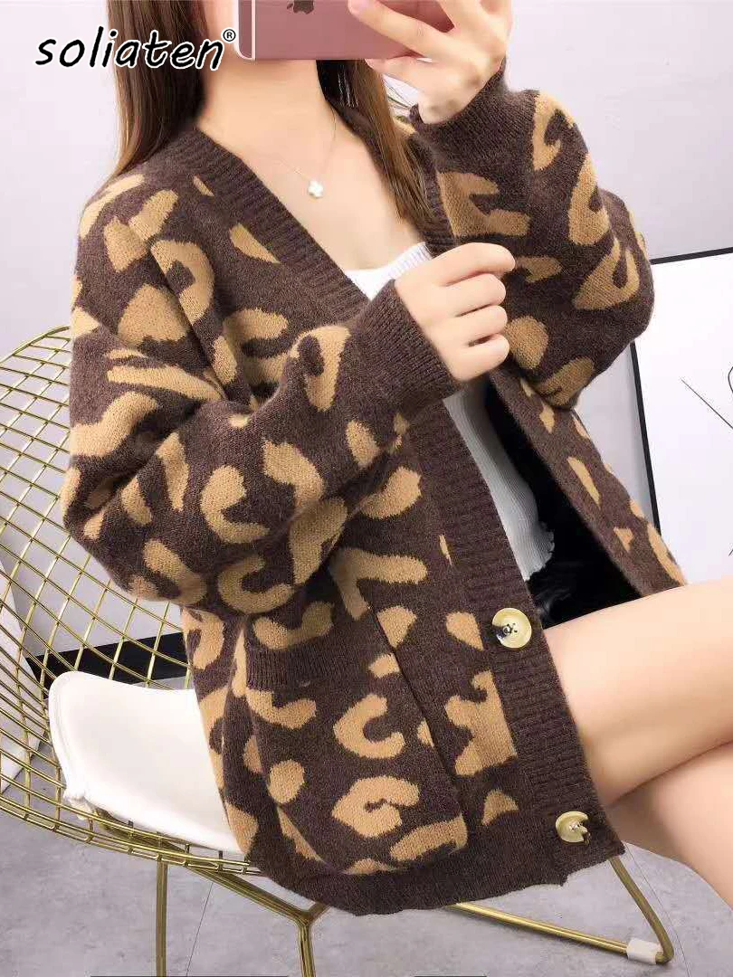 

Harajuku Oversized Sweater New Autumn Winter Leopard Cardigan Casual Loose Female Knitted Open Stitch V-neck Jumper C-221