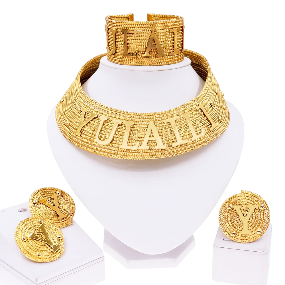 Custom Jewelry Customized Name Brazilian Gold Plated Jewellery Set Exclusive Necklace Earrings Ring Bracelet Yulaili