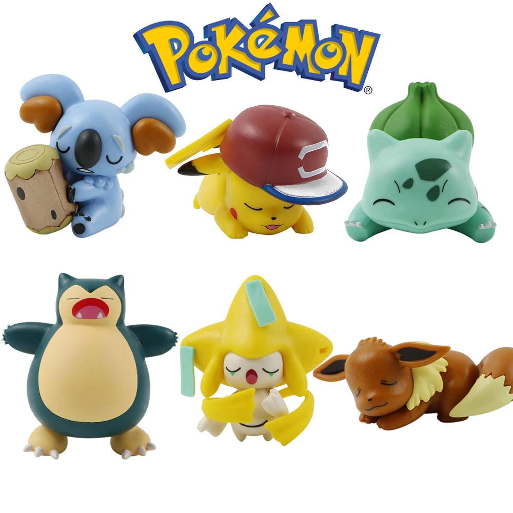 

6Pcs/Set Pokemon Figure Model Toys Anime Pikachu Eevee Snorlax Sleeping Position PVC Cake Car Decoration Ornaments for Boy Girl
