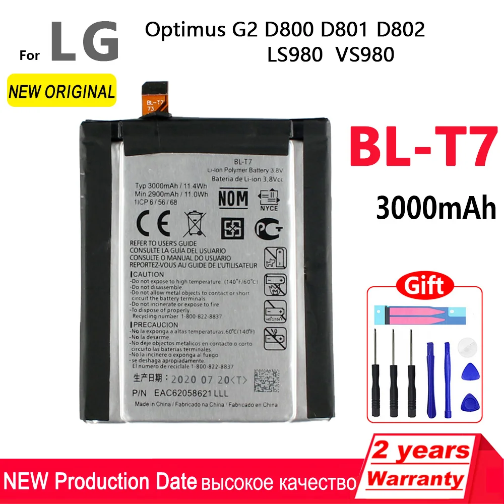 

100% Original 3000mAh BL-T7 Battery For LG G2 LS980 VS980 D800 D801 D802 BLT7 Phone High quality New In Stock Battery With Tools