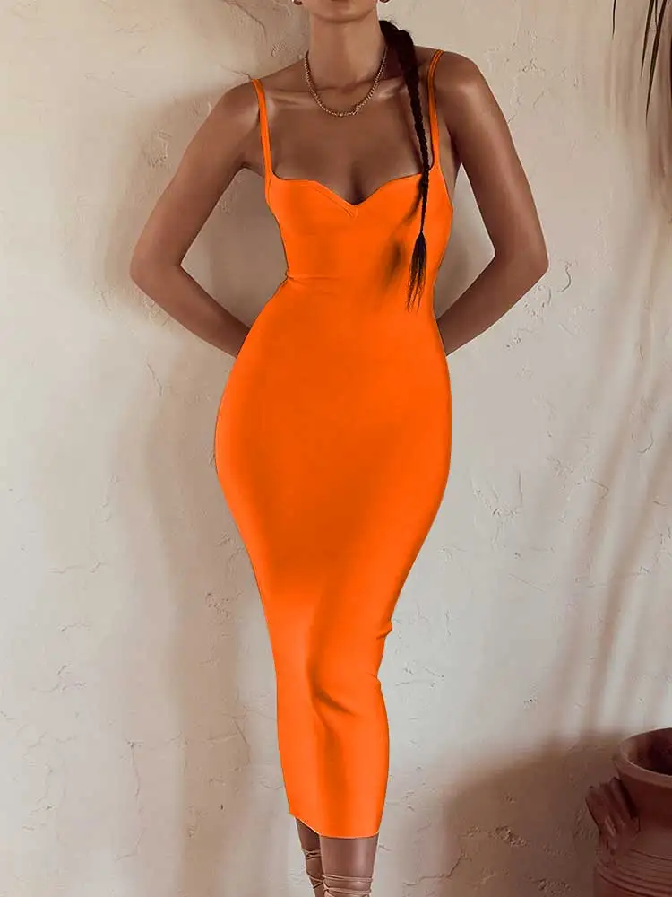 

Elegant Bandage Dress Summer Women Sexy Strap Backless Bodycon Dress 2022 Female Orange Midi Evening Club Party Dresses Outfits