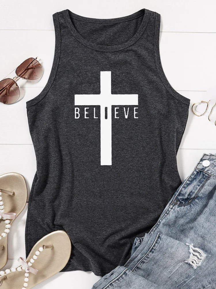 

Believe Cross Racerback Tank Top for Women Christian Graphic Tee Ladies Sleeveless Shirt Summer Faith Motivational Inspirational