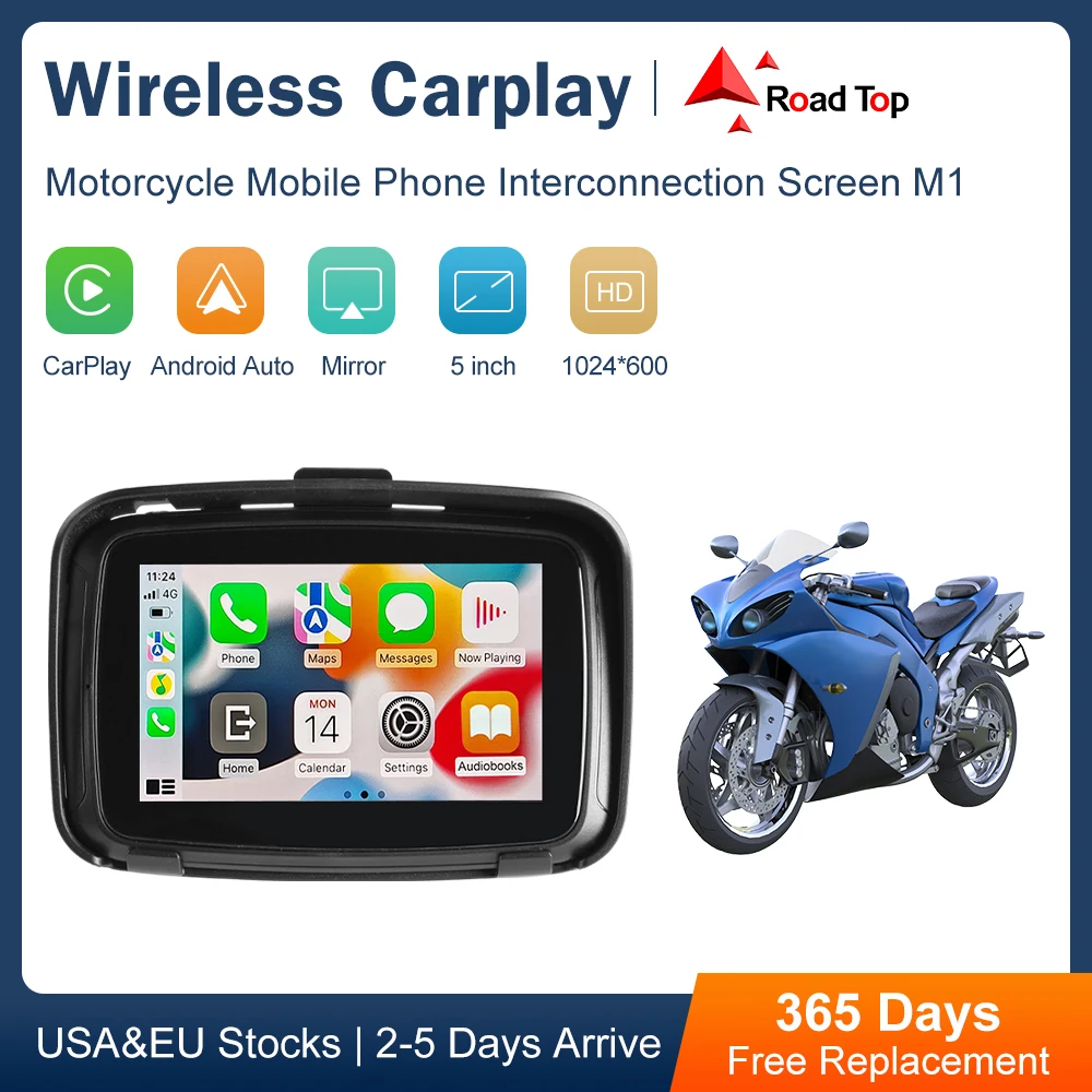 

ROAD TOP 5” Waterproof Wireless Android Auto Apple Carplay Screen for Motorcycle Navigation Stereo Portable Bluetooth Monitor