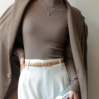여성용 골지 티셔츠, 따뜻한 단색, 우아하고 세련된 캐주얼 슬림 베이스레이어 탑, 가을 여성 블라우스, C5640