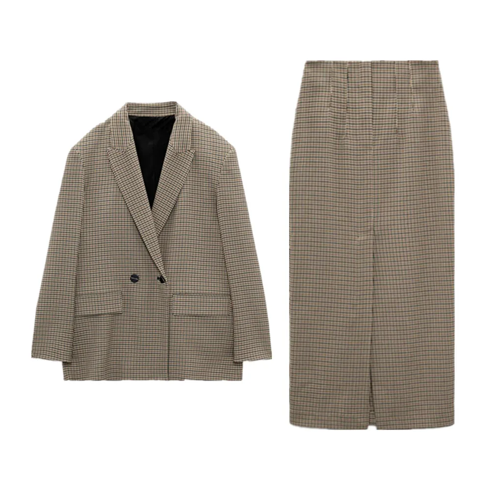 

PB&ZA autumn and winter new women's retro commuter plaid double-breasted suit jacket + high waist straight skirt 8750/331