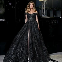 elfin black glitter tulle long prom dresses 2022 a line off the shoulder lady prom gowns slit formal evening party dress