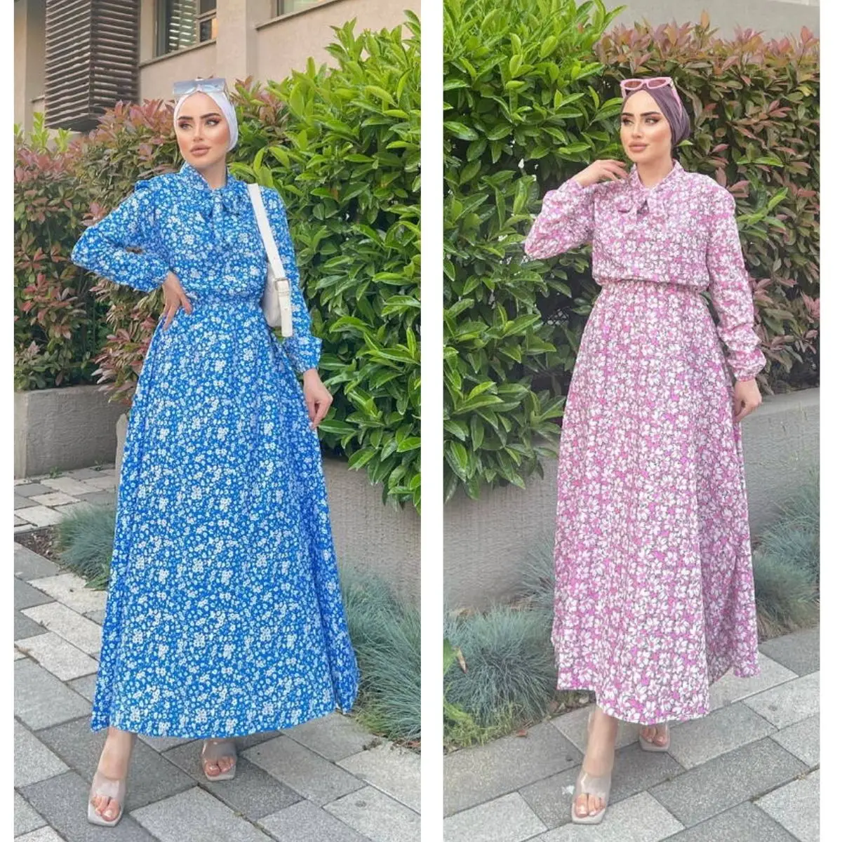 Scarf Detailed Patterned Dress Long Sleeve Tie Collar Women Muslim Fashion Hijab Clothing Islamic Daily Floral  Seasonal  Abaya