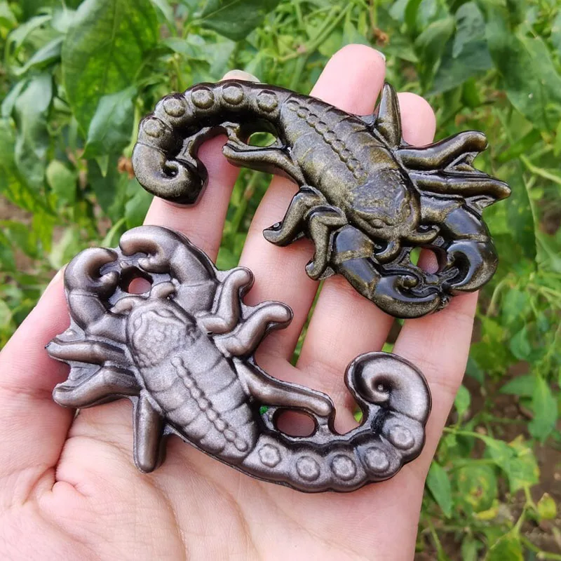 Золотистая/Серебристая скульптура обсидиана скорпиона ручная работа