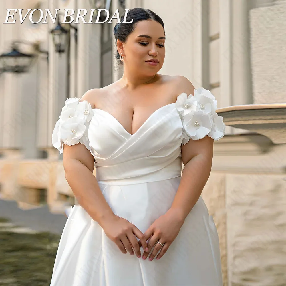 Фото Evon Bridal Сексуальное свадебное платье с увеличенной сатиновой пЖенское атласное платье EVON, сексуальное свадебное платье с открытыми плечами, V-образным вырезом и разрезом сбоку, ТРАПЕЦИЕВИДНОЕ платье невесты, 2019 №2