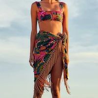vintage swimsuit fashion print bikini summer beach and cover up 2 pieces tankini women swimming suits swimwear tie dye lace 2022