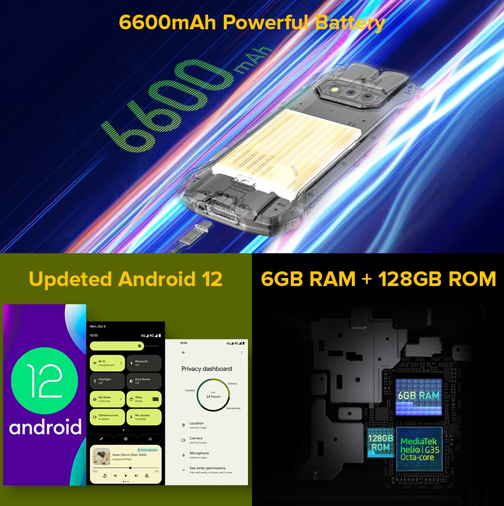 Cena Osłona Ulefone 15 Wytrzymały Telefon Android 12 Wbudowane Słuchawki TWS Smartphone 6600mAh 128GB NFC 2.4G/5G WLAN Wodoodporne Telefony Komórkowe
