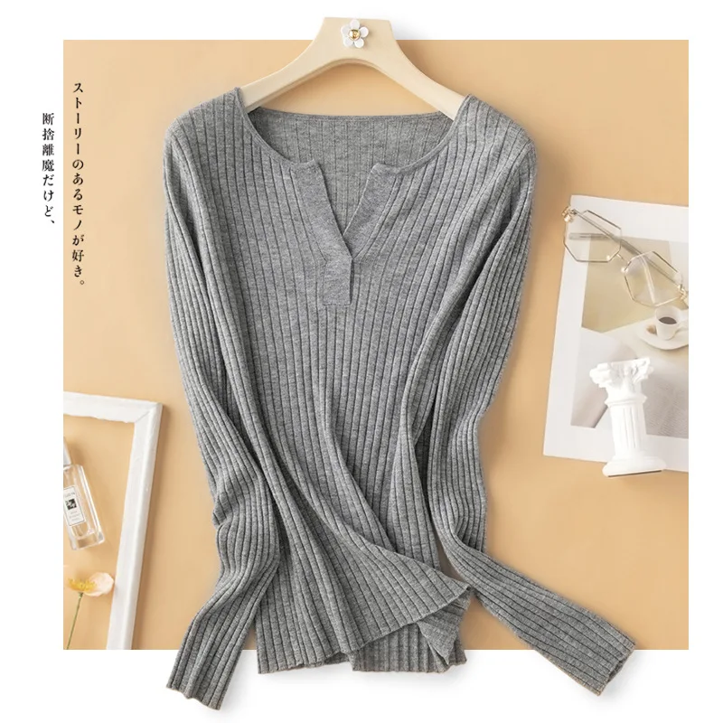 Пуловер с v-образным вырезом женский свитер черный топ одежда длинным рукавом