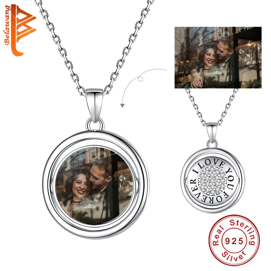 

BELAWANG Custom Photo I LOVE YOU FOREVER Pendant Necklace 925 Sterling Silver Chain Necklace for Women Jewelry Anniversary Gift