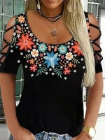 o neck floral print off the shoulder cutout t shirt cross strap sexy t shirt tee short sleeves fashion casual loose women tee