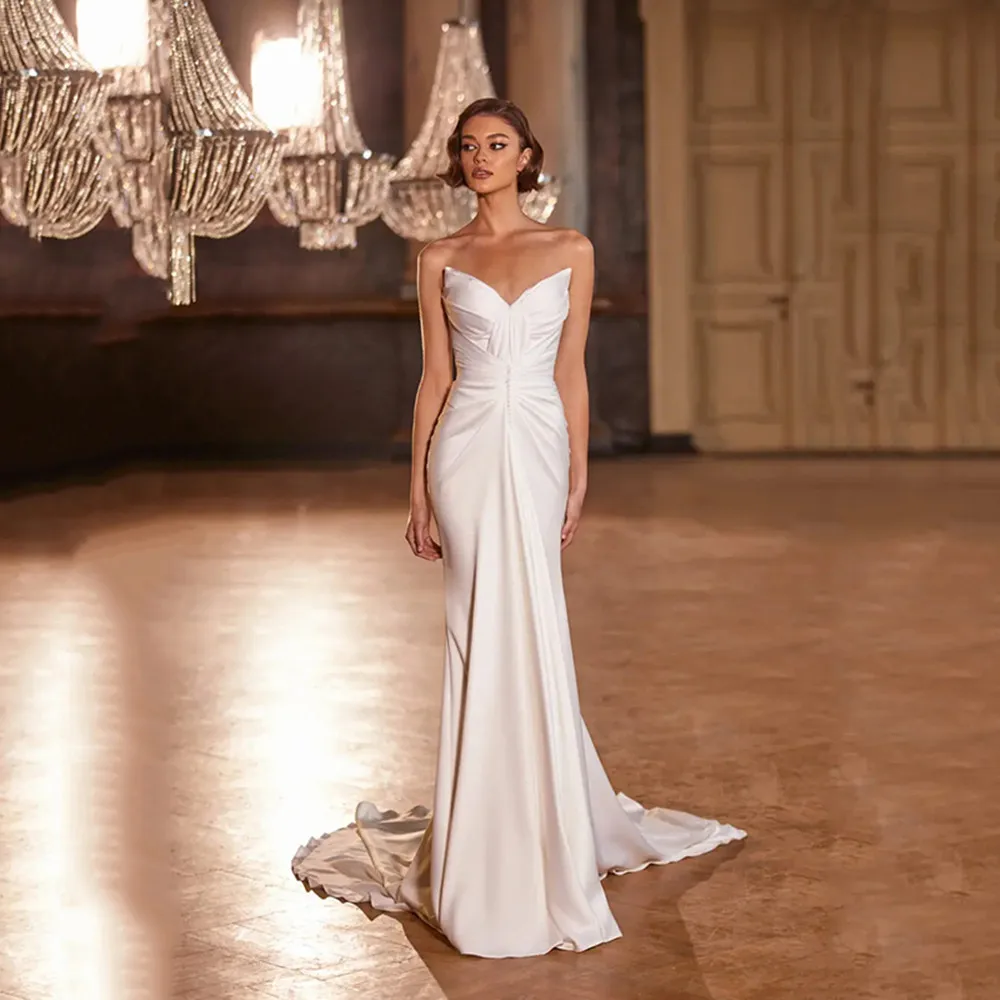 

Sexy Mermaid Wedding Dresses Soft Satin Backless Beach Bridal Gowns Strapless Formal Princess Party Wedding Gowns Custom Made