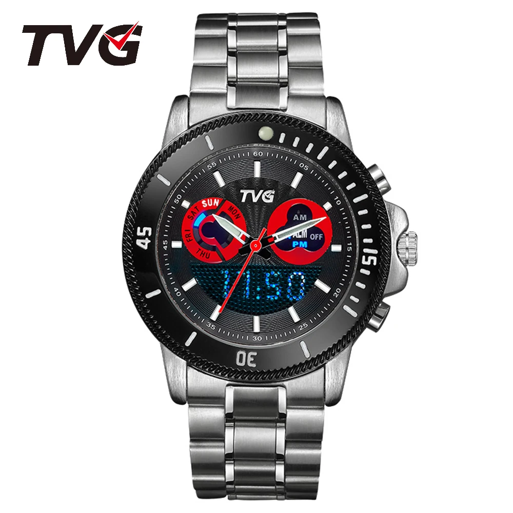 TVG Brand Male Luxury Sport Wristwatch Man Business Gift Stainless Steel Waterproof Dual Time Analog Digital Display Accessories