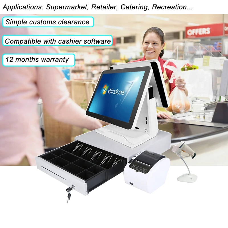 

15 inch pos pc cash register double monitor with barcode scanner 80mm thermal printer 400mm cash drawer for sale