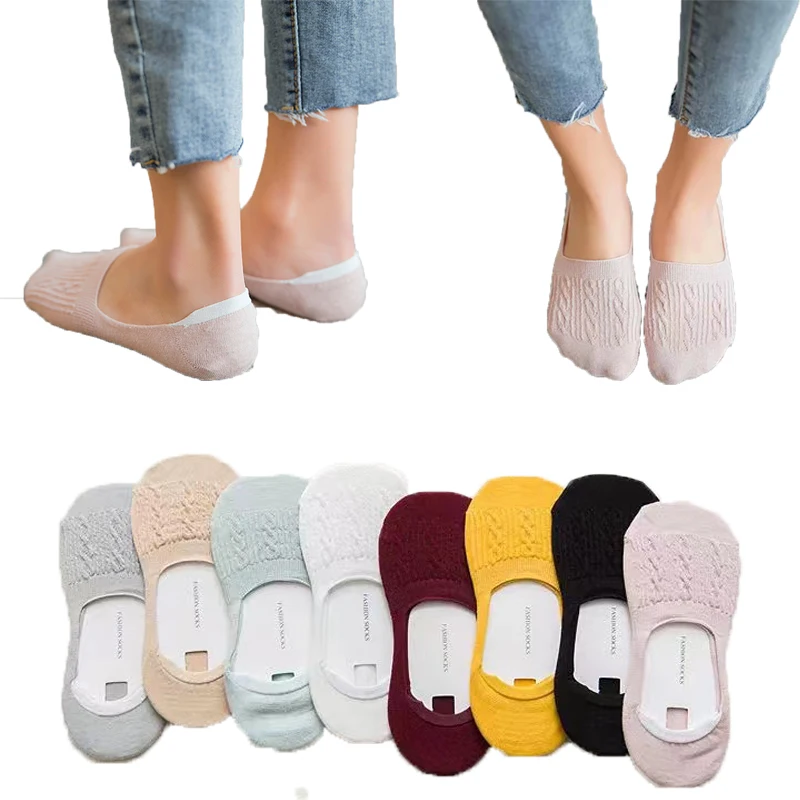 

5 Pairs Cotton Low Cut Socks Women's Solid Snowflake Softable Summer Silicone Non-slip Deep Mouth Prevent Heel Loss Slipper