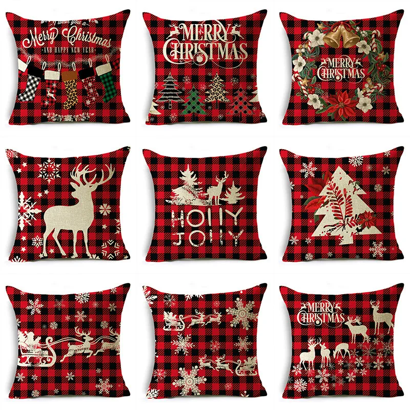 

OMIO Christmas Wreath and Gnome Design Cushion Cover Multiple Sizes Linen Decorative Pillow Case 40*40cm/45*45cm/50*50cm