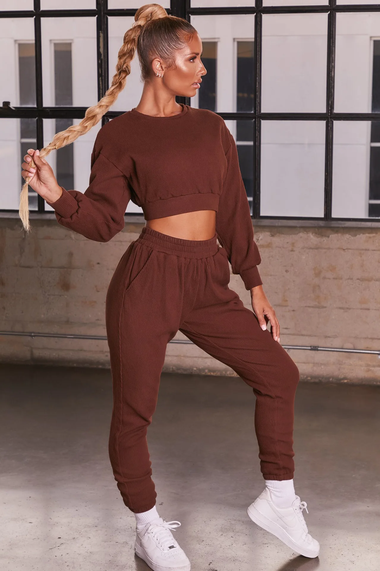 Gym Outfits Women Winter Ribbed Fitness Cropped Long Sleeve Top and Sweatpants for Gym Yoga Workout Running Super-High Quality