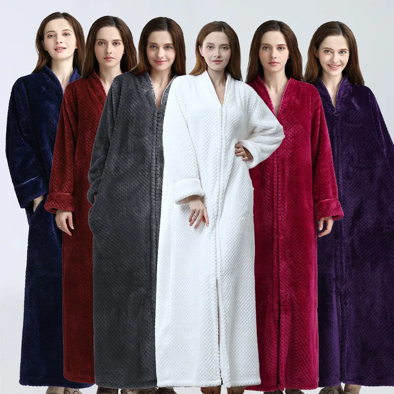 Winter New Thickened Zipper Nightgown Flannel Couple Nightdress Bathrobe Men And Women Warm Pajamas Home Bathroom Clothes