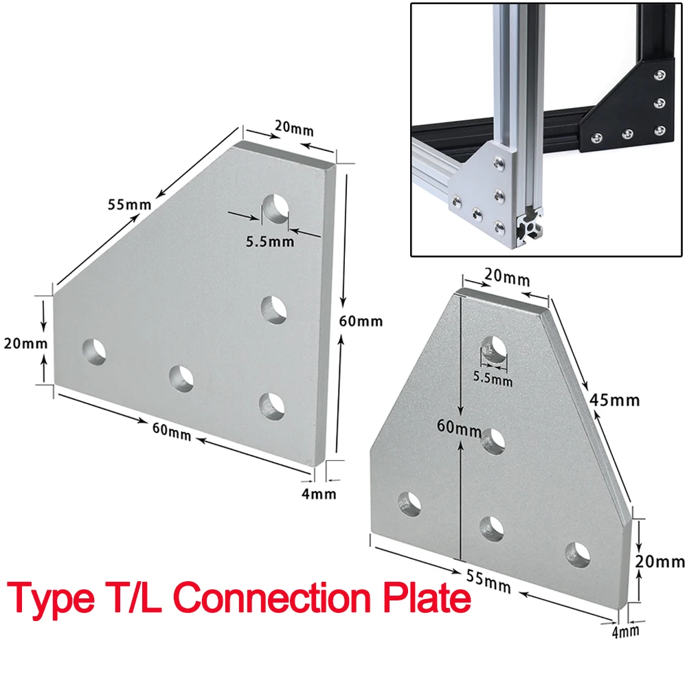 

2020 Соединительная пластина с 5 отверстиями, Соединительная пластина с углом 90 градусов, Соединительная пластина типа T/L для алюминиевого профиля 2020, рама для 3D-принтера