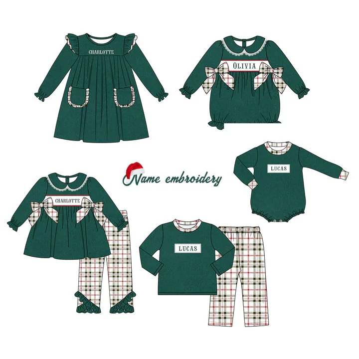 

Girl And Baby Boy New Cotton Customizable Name Styles Presale Models Christmas Green Romper Sets Lattice Clothes With Bow Ropa