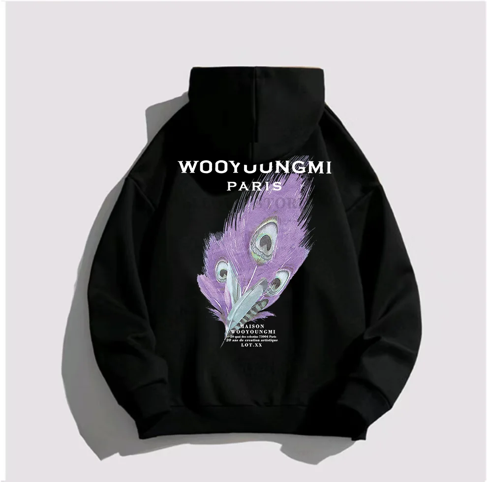 

Cotton 100% Wooyangmi Men Hoodie Korean Style Sweatshirt Print Feather WYM Casual Fleece Women Autumn Loose Tide Brand
