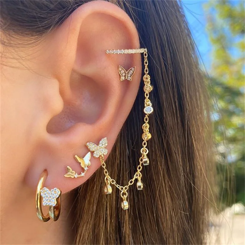 

Gothic Long Chain Butterfly Drop Piercing Ear Cuffs Earrings Set Jewelry Women Fairy Rhinestone Ear Clip Fake Cartilage Earrings