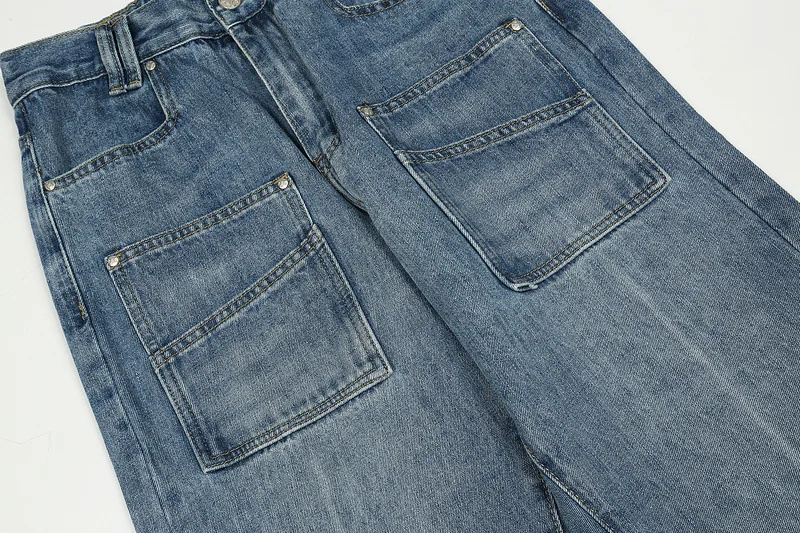 High Street Tide Retro Patchwork Pockets Washed Old Men'S Fall And Winter Casual Jeans