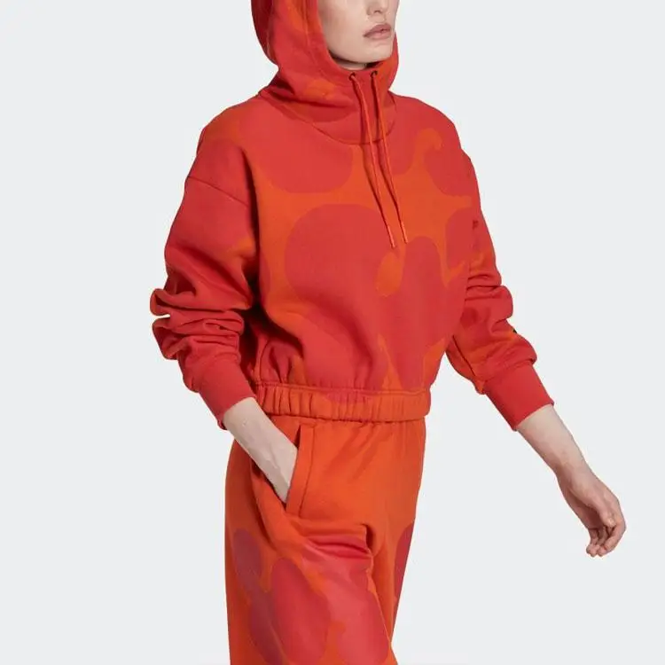 Женская толстовка с капюшоном Adidas X Marimekko рисунком и завязками Оранжевая HJ7306